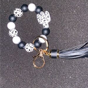 Cactus Beaded Keychain Bracelet - Black and White